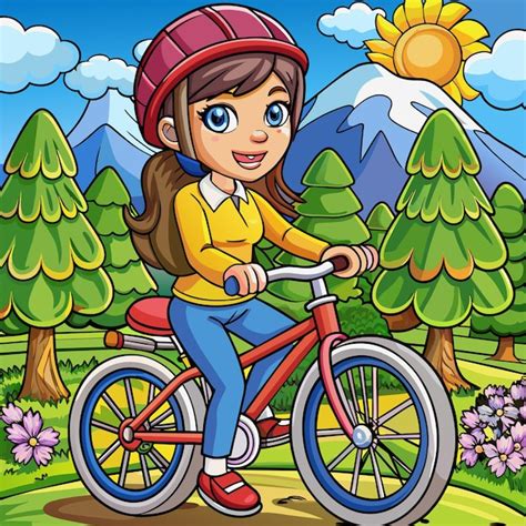 Una Chica Montando Una Bicicleta Con Un Casco En La Cabeza Vector Premium