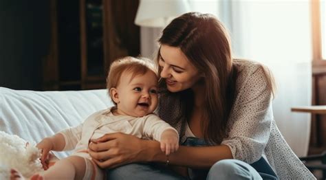 Una Madre Y Su Beb Est N Sentados En Una Cama Foto Premium