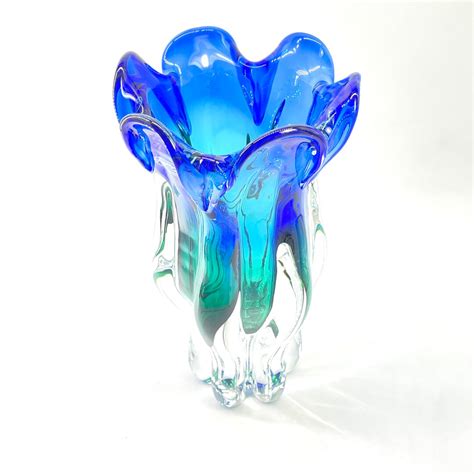 Vintage Royal Gallery Art Glass Vase Blue Green Tulip Etsy