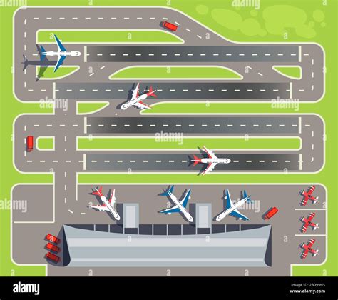 Airport with passenger terminal, airplanes, helicopters top view vector ...