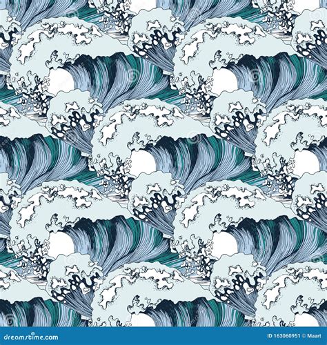 Hand Drawn Seamless Pattern With Sea Waves Stock Vector Illustration