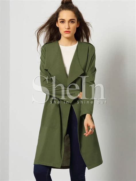 Army Green Long Sleeve Trench Coat Shein Sheinside