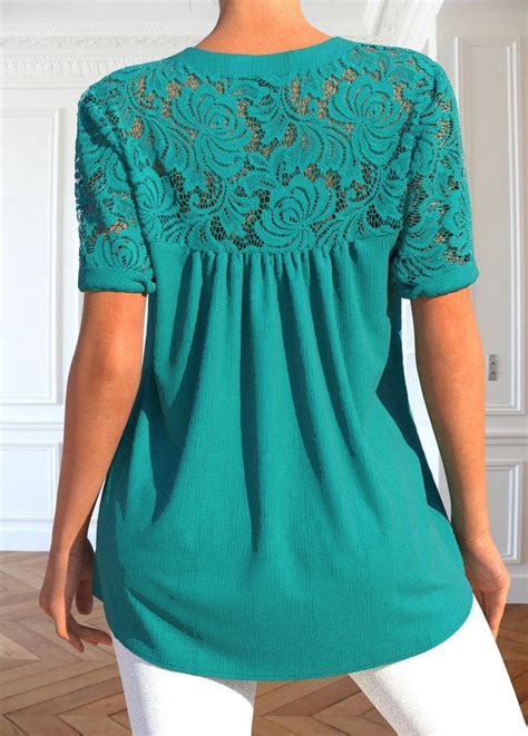 Turquoise Patchwork Short Sleeve Split Neck Blouse Usd