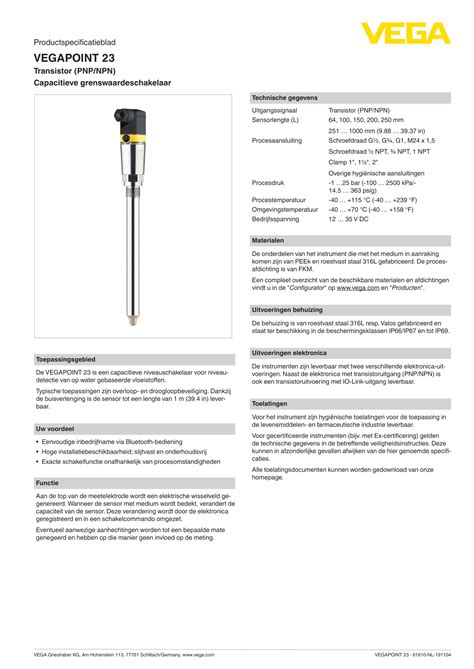 Vega VEGAPOINT 23 Compact Capacitive Limit Switch With Tube Extension