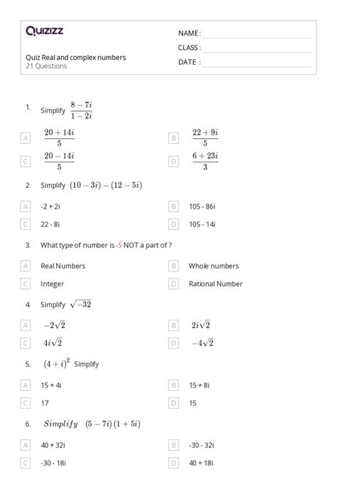 50 Complex Numbers Worksheets For 8th Grade On Quizizz Free And Printable