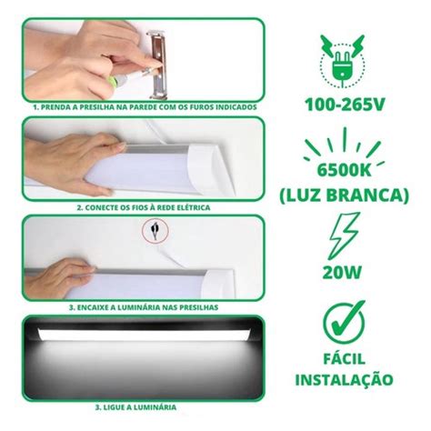 Kit 4 Luminária Led 20W Linear Tubular 60CM Branco Frio 6500K Sobrepor