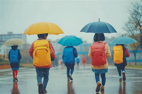 Children In School Uniforms Walking On A Rainy Day Premium Ai