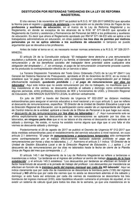 Destitucion Por Reiteradas Tardanzas R S G Nº 326 2017 Minedu Pdf