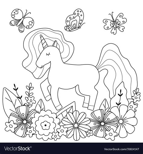 Kids Coloring Page With Cute Unicorn And Flowers Vector Image