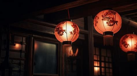 Premium AI Image | chinese lanterns hanging in the room night