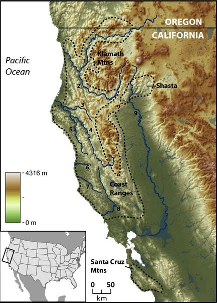 Topographical map of north-western California with dashed line ...