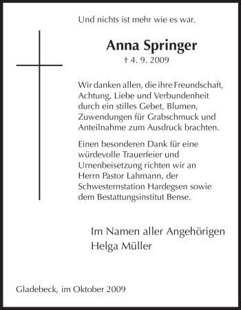 Traueranzeigen Von Anna Springer Trauer Hna De