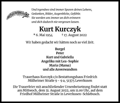 Traueranzeigen Von Kurt Kurczyk WirTrauern