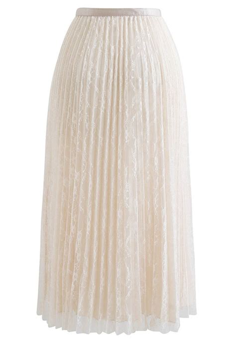 Full Lace Pleated Midi Skirt In Cream Retro Indie And Unique Fashion