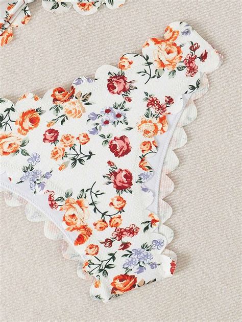 Swim Mod Women Floral Print Ruffle Trim Camisole Bikini Two Pieces Swimwear For Beach Summer