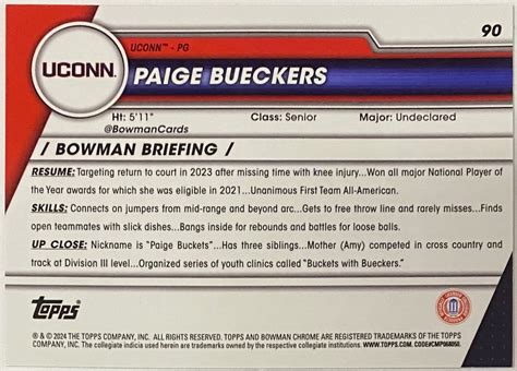 Paige Bueckers 2024 Bowman University Chrome UConn Huskies Basketball