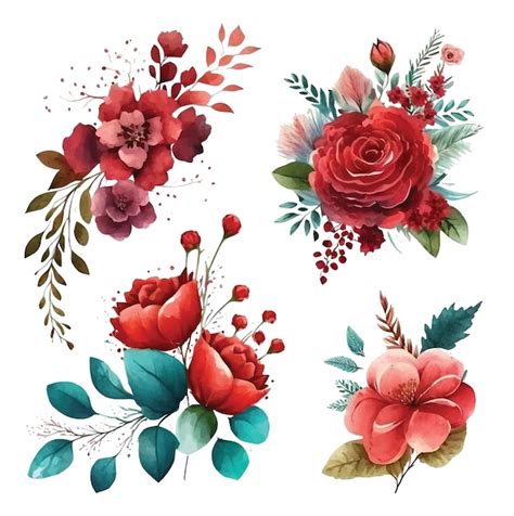 Colección de ramo floral rojo acuarela de vector Vector Premium