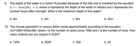 Solved 9. The depth of the water in a harbor fluctuates | Chegg.com 