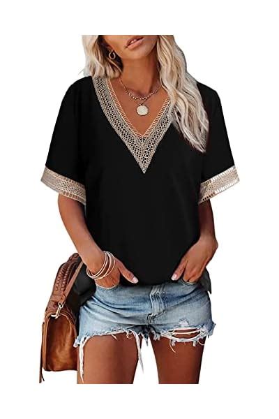 EVALESS Womens Short Sleeve Tops Lace Trim V Neck T Shirts Blouses 2024