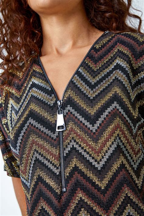 Bronze Glitter Zig Zag Zip Front Stretch Top Roman Uk