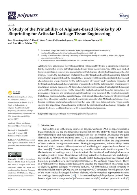 Pdf A Study Of The Printability Of Alginate Based Bioinks By 3d