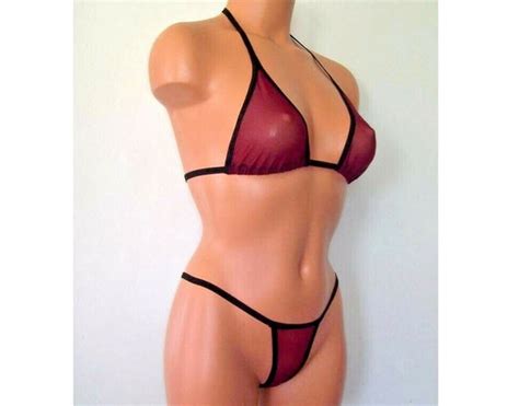 Burgundy Spandex Sheer Micro Mesh Banded Thong Bikini Top Etsy