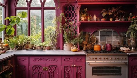 Premium Ai Image Witchy Distressed Hot Pink Cabinets In A Victorianboho Kitchen