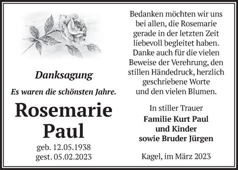 Traueranzeigen Von Rosemarie Paul M Rkische Onlinezeitung Trauerportal