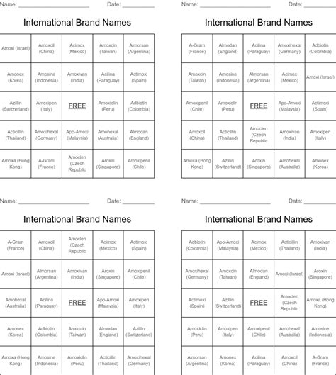 International Brand Names Bingo Cards Wordmint