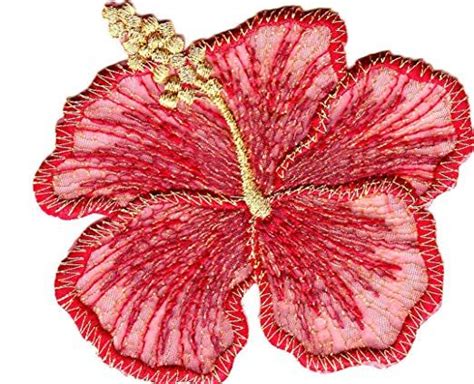 Red Hibiscus W Gold Metallic Flower Tropical Iron On Embroidered