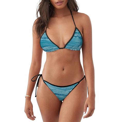 Defioc Teal Turquoise Fluid Stripes Pattern Sexy Bikini Set For Women Two Piece Swimsuit V Neck