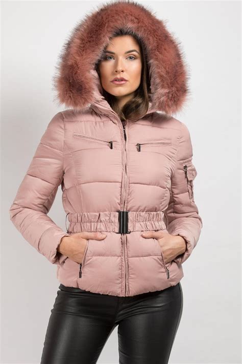 Pink Faux Fur Hooded Puffer Coat With Belt Faux Fur Hooded Coat