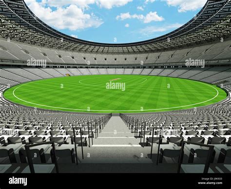 D Render Of A Beautiful Modern Round Cricket Stadium With White Seats