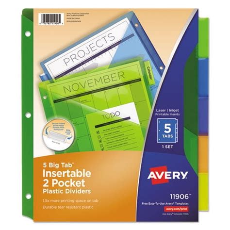 Avery Big Tab Insertable Plastic Dividers 5 Tab Two Pocket