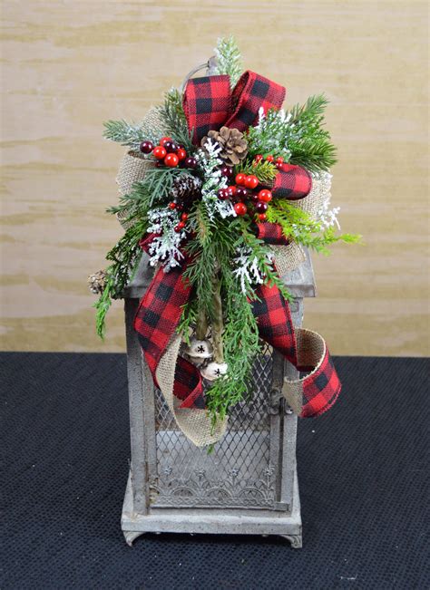 Christmas Lantern Swag With Buffalo Check Ribbon Red And Etsy