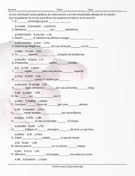 Por Versus Para Missing Words Spanish Worksheet Tpt