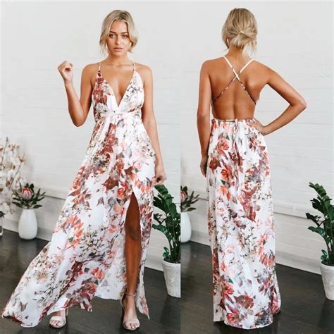 Print Flower Backless Maxi Dresses Women Summer Sexy Deep V Neck Strap