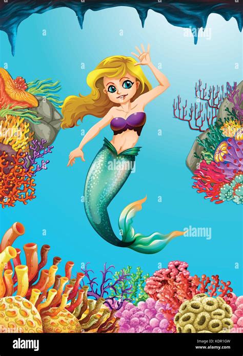 Pretty Mermaid Swimming Underwater Illustration Stock Vector Image