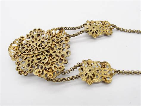 1930s Czech Glass Layered Brass Floral Filigree Ornate Vintage Festoon