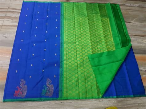 Party Wear Blue Kanchi Pattu No Border Silk Sarees 6 3 M With Blouse