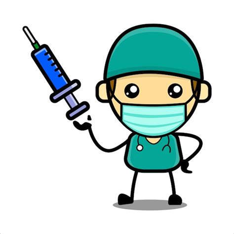 Lindo personaje médico con vacuna inyectada vector premium Vector Premium