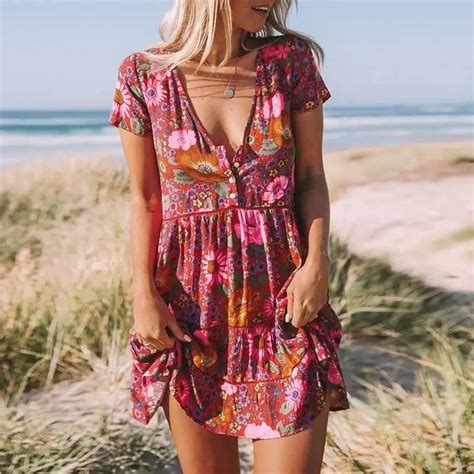 Boho Dress Daisy Red Foral Print Summer Dress V Neck Button Front