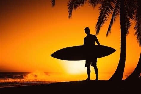 Premium AI Image | Silhouette of a surfer with a surfboard at sunset