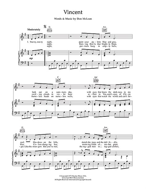 Vincent (Starry Starry Night) Sheet Music | Don McLean | Piano, Vocal ...