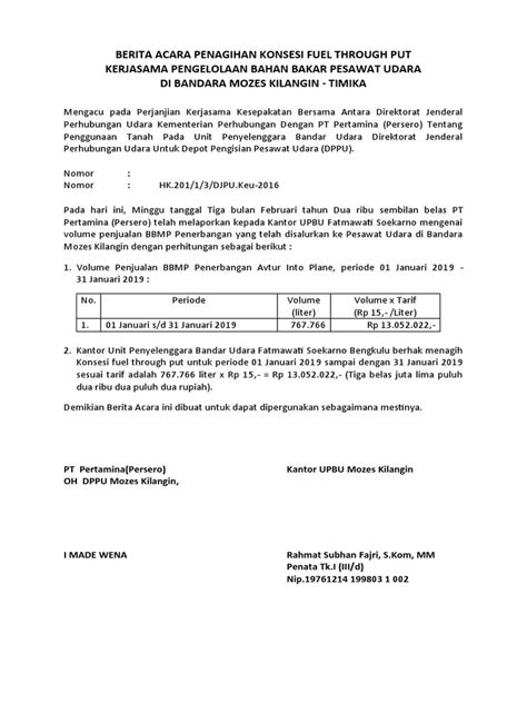 Berita Acara Penagihan Konsesi Fuel Trhough Put 2018 Pdf