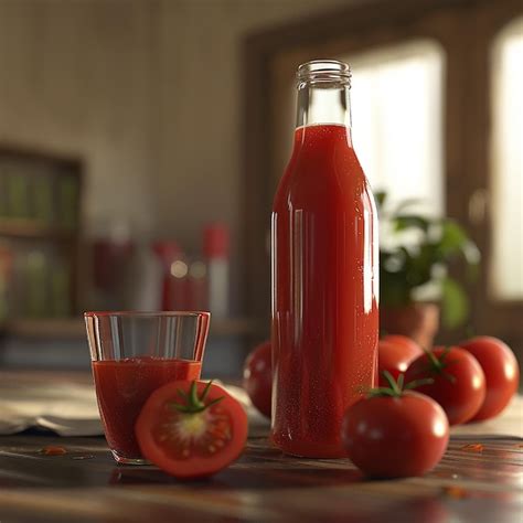 A Bottle Of Tomato Juice Next To A Cup Of Tomato Juice Premium Ai