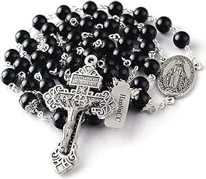 Hanlincc Mm Black Agate Natural Stone Beads Rosary With Caps For Glory