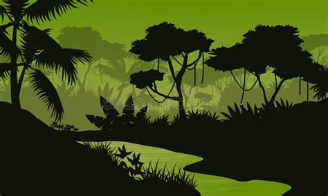 Paisaje De La Selva De La Silueta En La Noche Ilustración del Vector