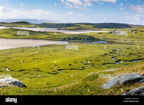 Aerial View With An Meander River On Bay Of Uig Isle Of Lewis Outer