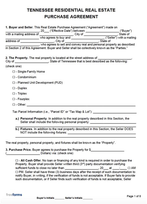 Free Tennessee Real Estate Purchase Agreement Template Pdf Word